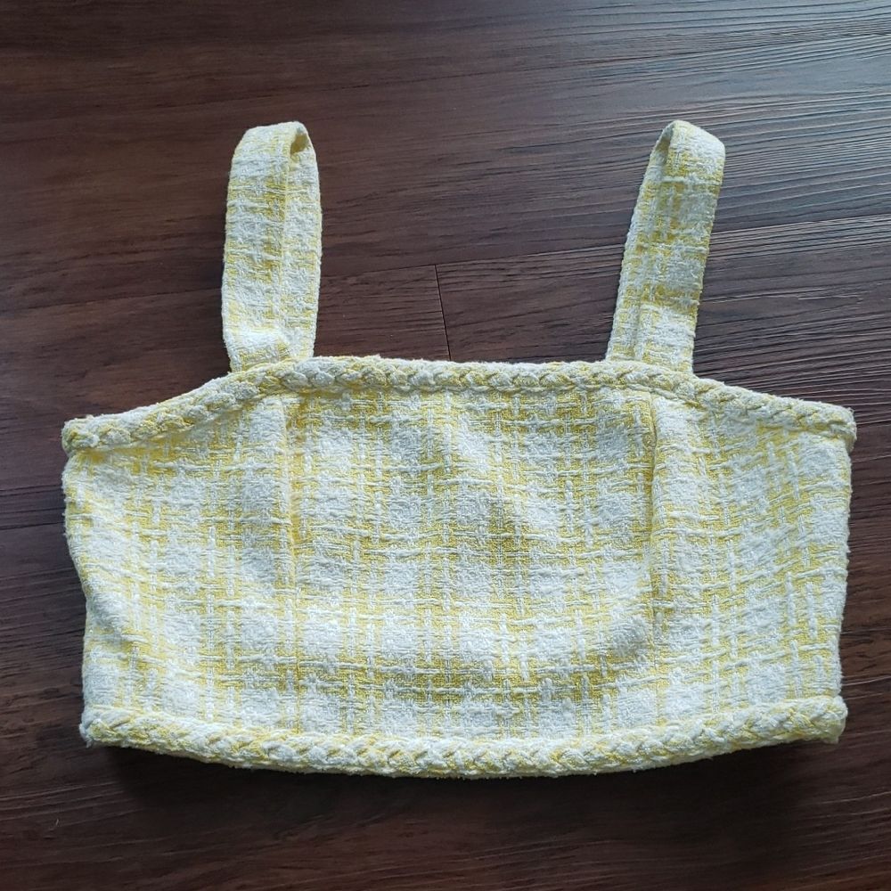 Veronica Beard Yellow White Tweed Crop Top Size 10 Preppy Designer Cottagecore
